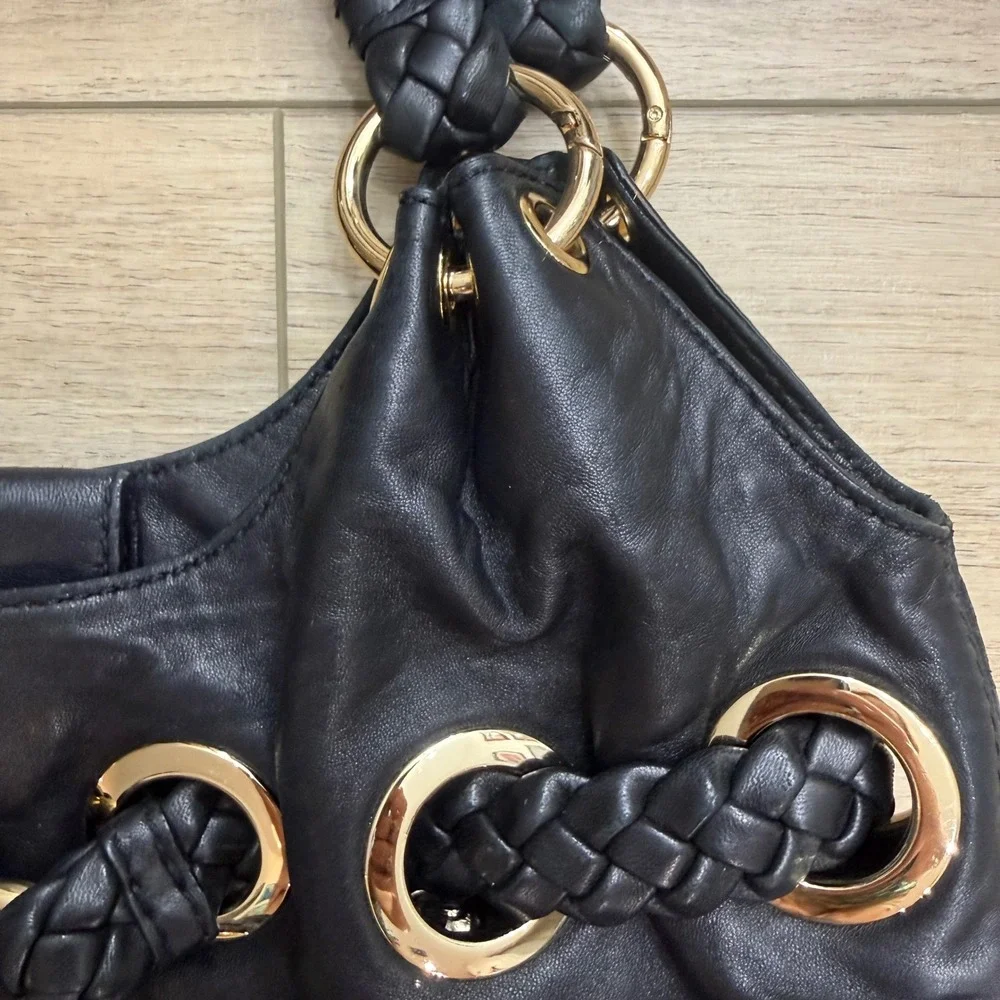 Michael Kors Black Leather Braided Hobo Shoulder Bag Gold Hardware Tassel Large